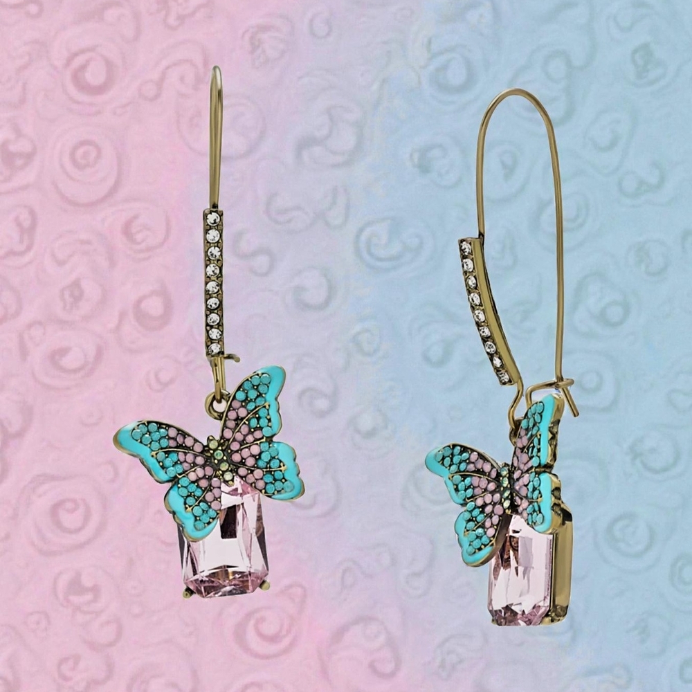 NEW Betsey Johnson Boho Butterfly Pink & Blue Earrings Crystal Gold Tone Dangle